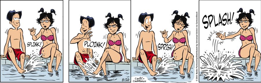 Baldo and a girl splash back and forth at the pool.