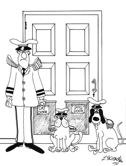 At a mansion with a doorman a dog and cat have their own little doors with their own little doormen.
