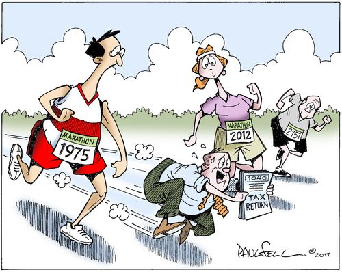 A man races to get his tax returns filed.