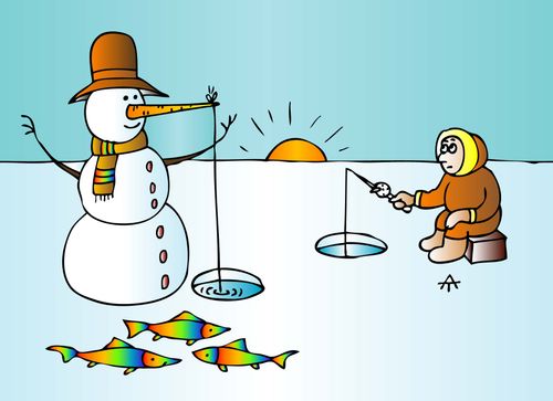 A snowman catches fish ice fishing.