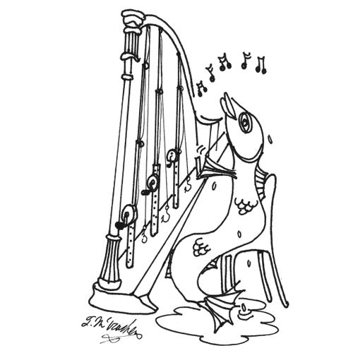 A fish playing a harp made out of fish poles.