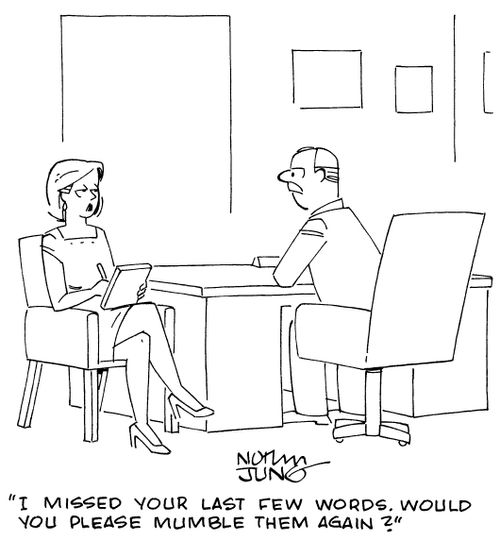 "I missed your last few words. Would you please mumble them again?"