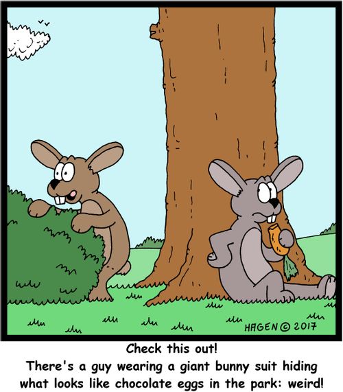 "Check this out! There's a guy wearing a giant bunny suit hiding what looks like chocolate eggs in the park: weird!"