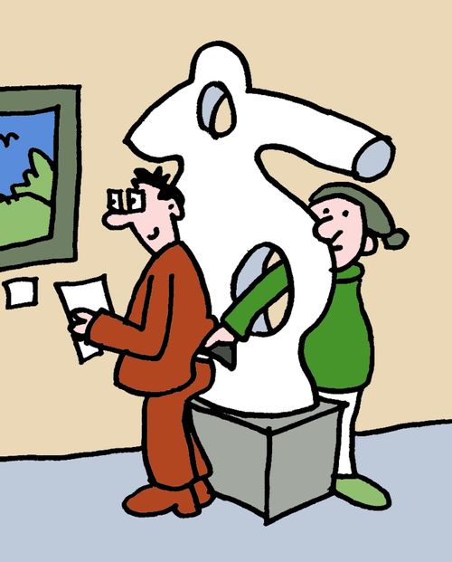 A pickpocket reaches through a statue in an art gallery.