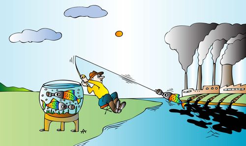 A fisherman catches fish wearing gas masks near oil runoff.