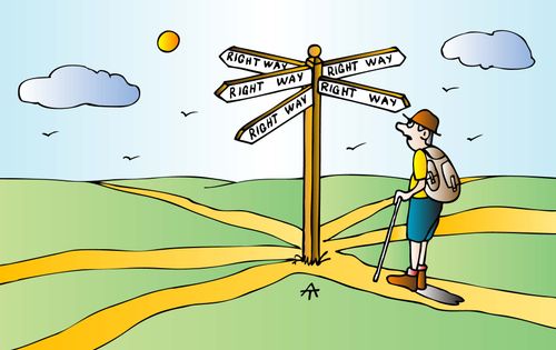 A tourist sees that every sign leads the right way.
