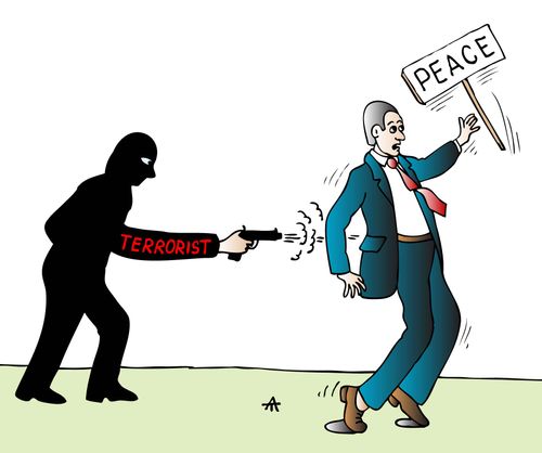 A terrorist shoots a peace protester in the back.