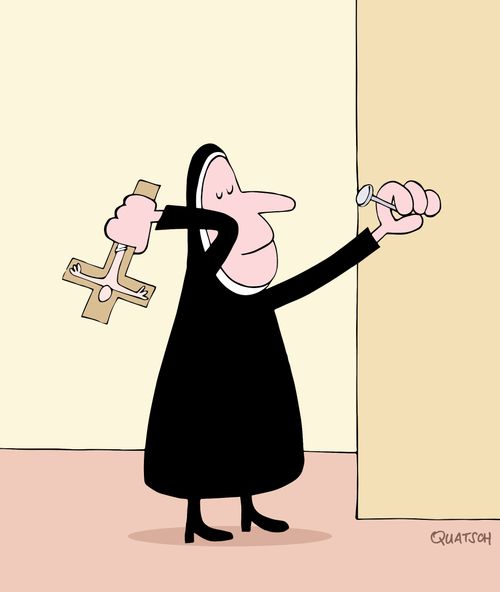 Nun hammering with a crucifix