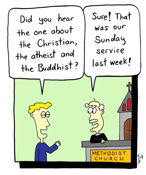 "Did you hear the one about the Christian, the atheist and the Buddhist?"