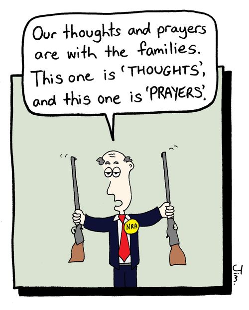 "Our thoughts and prayers are with the families. This one is 'thoughts' and this one is 'prayers'."