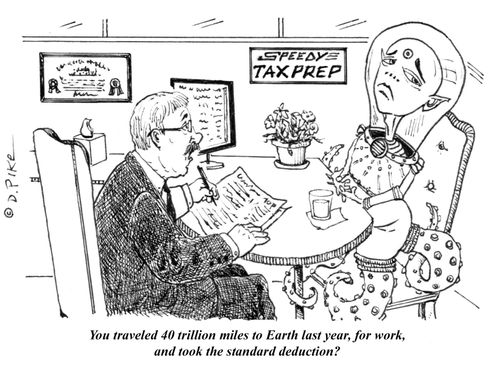 "You traveled 40 trillion miles to Earth, for work, and took the standard deduction?"