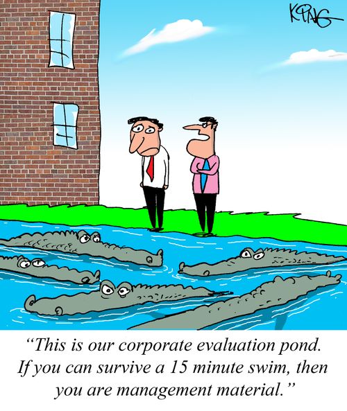 "This is our corporate evaluation pond. If you can survive a 15 minute swim, then you are management material."
