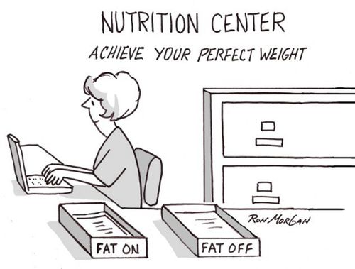 Woman at Nutrition Center has desk in and out boxes labeled Fat On and Fat Off.