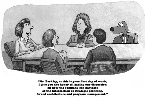 "Mr. Barkley, as this is your first day of work, I give you the honor of leading our discussion on how the compnay can navigate at the intersection of strategic planning, brand architecture and program management."