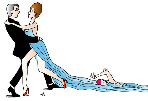 A man swims up the train of a woman's dress.