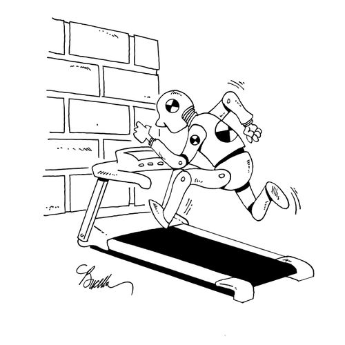 Crash Test Dummy runs on treadmill in front of brick wall