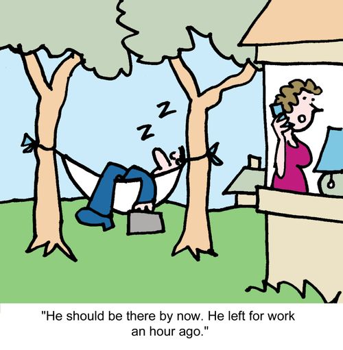 "He should be there by now. He left for work an hour ago."