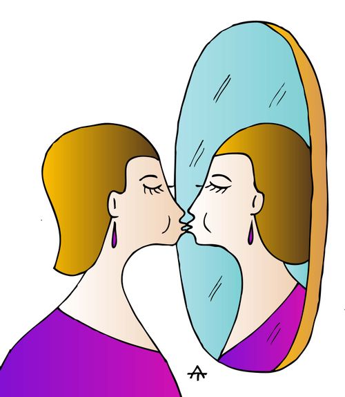A woman kisses the mirror.