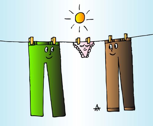 Trousers leer at women's underwear.