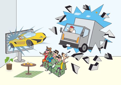A 3D TV distracts as a truck crashes through a wall.