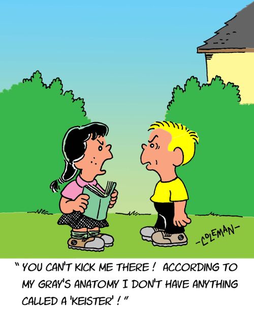 "You can't kick me there! According to my Gray's Anatomy I don't have anything called a 'keister'!"
