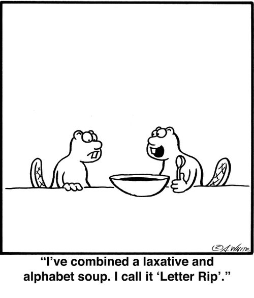 "I've combined a laxative and alphabet soup. I call it 'Letter Rip!'"