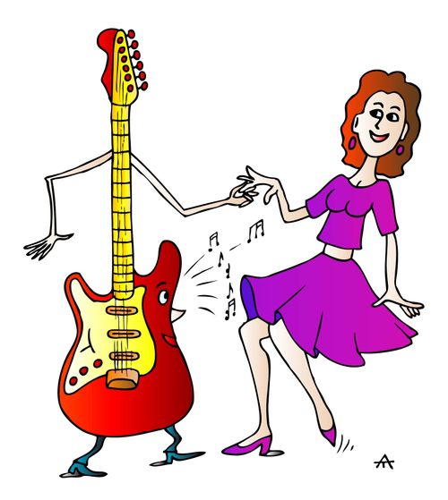 A guitar dances with a woman.