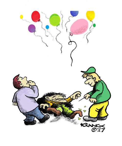 A balloon salesman is stuck with a pin and his balloons fly off.