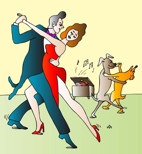 A couple and their dogs tango.