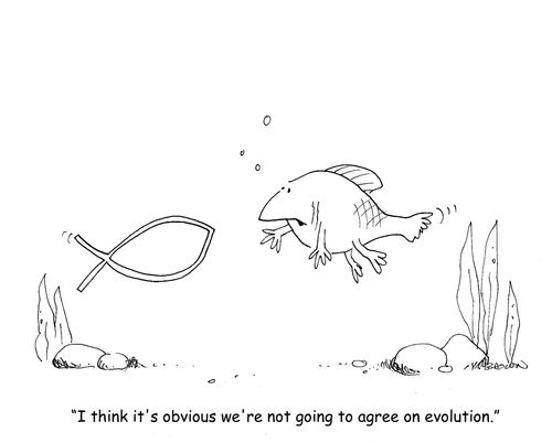 "I think it's obvious we're not going to agree on evolution." (Jesus fish and evolving fish talking)