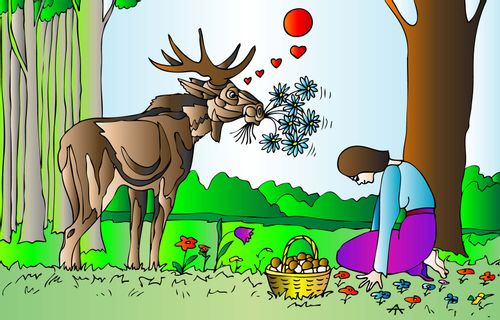 A moose offers a woman flowers while she picks mushrooms.