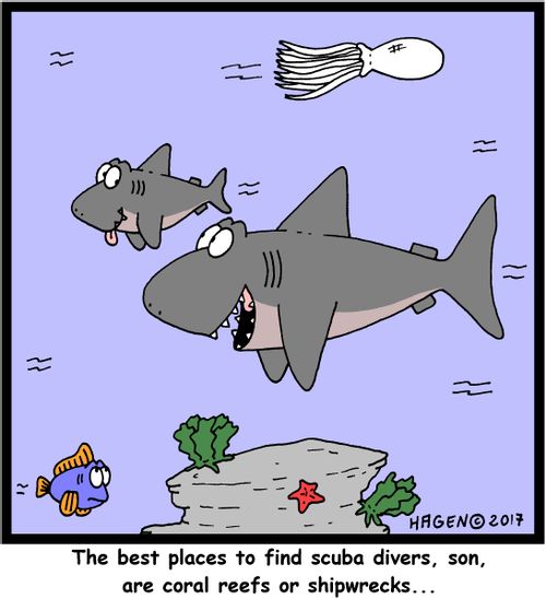"The best places to find scuba divers, son, are coral reefs or shipwrecks..."