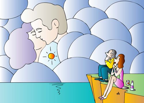A man and woman watch a couple kiss in the clouds.