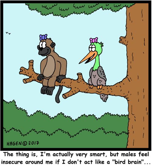 "The thing is, I'm actually very smart, but males feel insecure around me if I don't act like a 'bird brain'..."