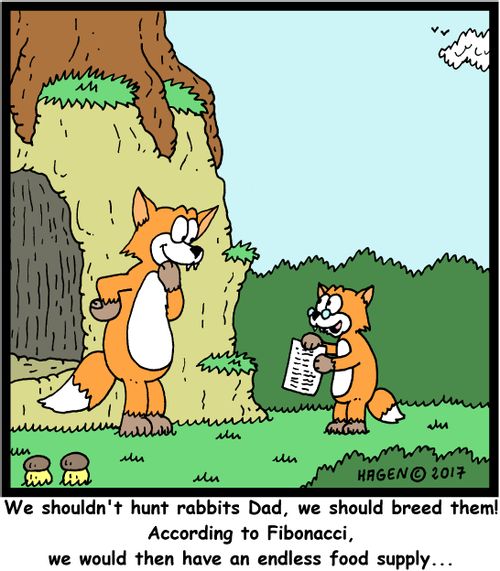 "We shouldn't hunt rabbits Dad, we should breed them! According to Fibonacci, we would then have an endless food supply..."