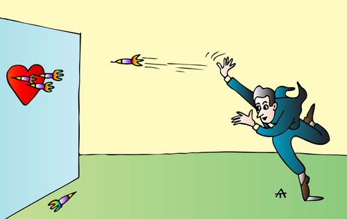 A man throws darts at a heart.