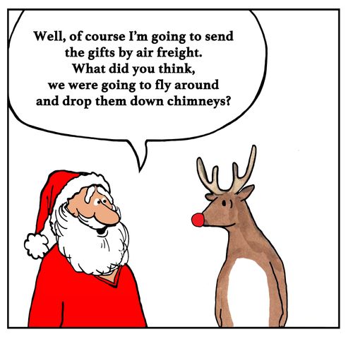 Christmas cartoon about Santa Claus sending gifts by air freight.