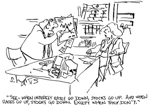 "See - when interest rates go down, stocks go up.  And when rates go up, stocks go down. Except when they don't."
