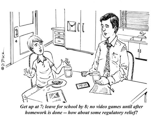 "Get up at 7; leave for school by 8; no video games until after homework is done -- how about some regulatory relief?"
