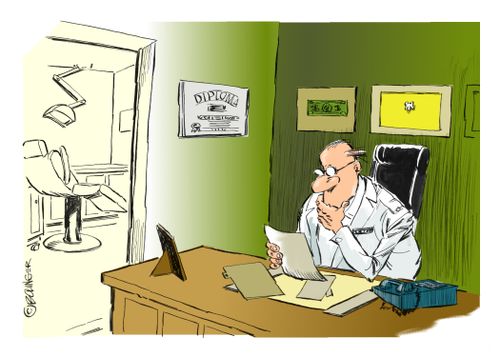 A dentist places his first tooth and his first dollar on the wall.