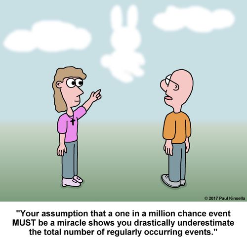 "Your assumption that a one in a million chance event MUST be a miracle shows you drastically underestimate the total number of regularly occurring events."