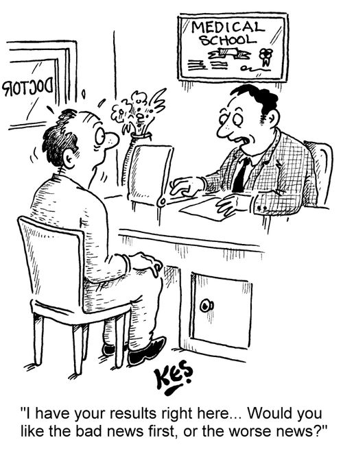 "I have your results right here... Would you like the bad news first, or the worse news?"