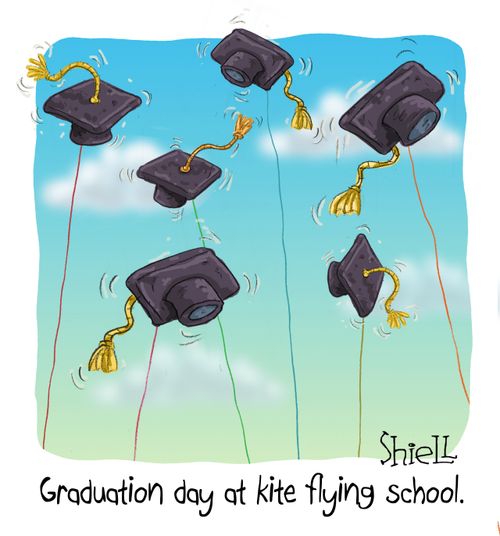 "Graduation day at kite flying school."