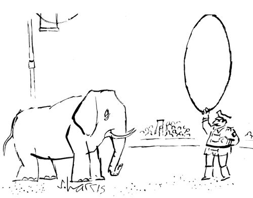 Circus elephant and hoop.