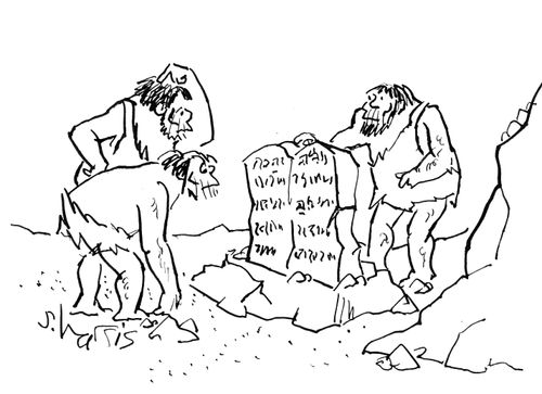 Cavemen are puzzled by the Ten Commandments.