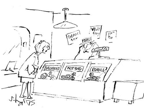 A butcher's counter is divided between 'delicious,' 'not bad' and 'edible.'