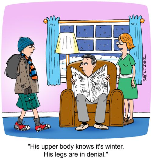 "His upper body knows it's winter. His legs are in denial."