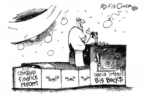 A politician gives a speech on the coffin of campaign finance reform.