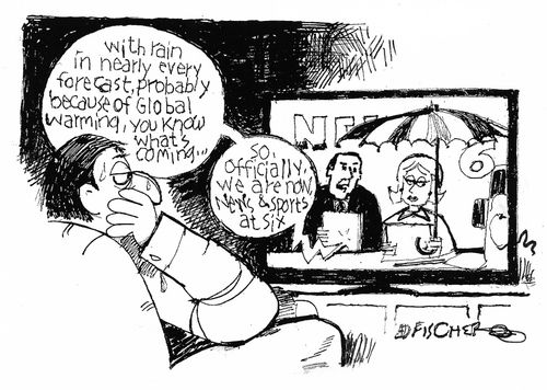 "With rain in nearly every forecast, probably because of global warming, you know what's coming...so officially, we are now News & Sports at Six."
