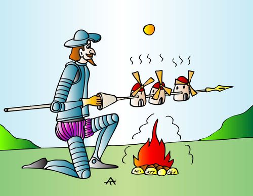 Don Quixote roasts windmills on a fire.